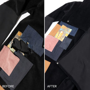 a before and after photo of a repaired garment