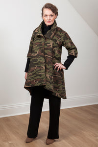 Woman wearing the Grace coat in camo wool - front view