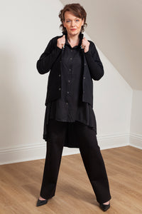 Jenny Jacket - cropped black denim - Lennard Taylor - front view with hands on collar